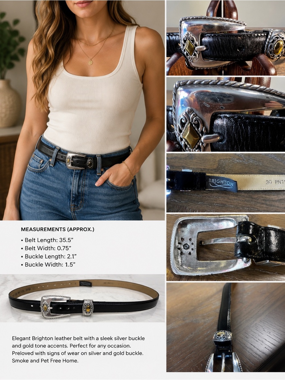 Brighton Black Leather Belt with Silver Buckle & Gold Accent – Size 30